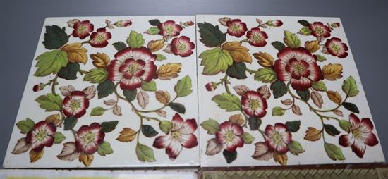 Six Victorian transfer printed ceramic tiles, each 15cm sq. and three painted tiles